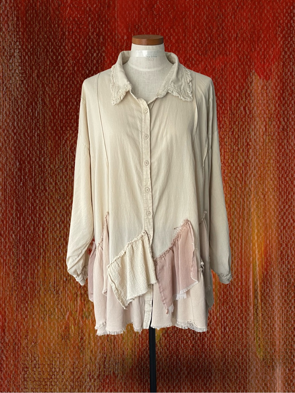 Oli & Hali Mixed Media Boho Distressed Ruffle Shacket Jacket Beige Pink Sz XL